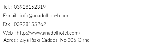 Anadol Hotel telefon numaralar, faks, e-mail, posta adresi ve iletiim bilgileri